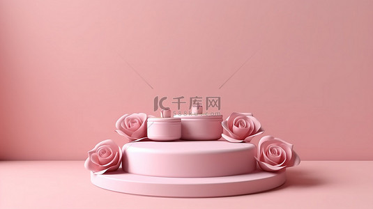 在情人节玫瑰讲台上展示爱的优质产品在粉红色柔和的背景 3D 渲染上