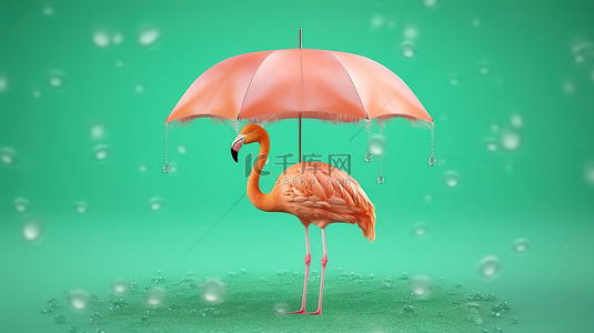 儿童玩具场景背景图片_火烈鸟漂浮在柔和的绿色背景上带雨伞的 3D 渲染夏季旅行场景