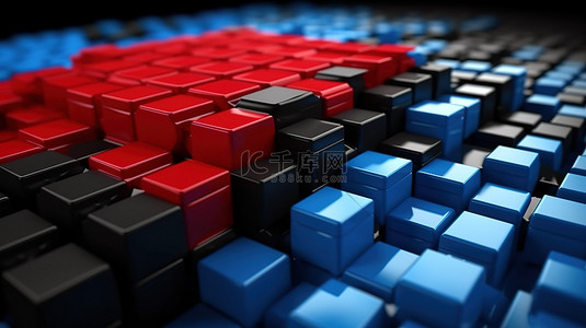 孩子蓝色背景图片_3d 渲染中的红色蓝色和黑色塑料积木