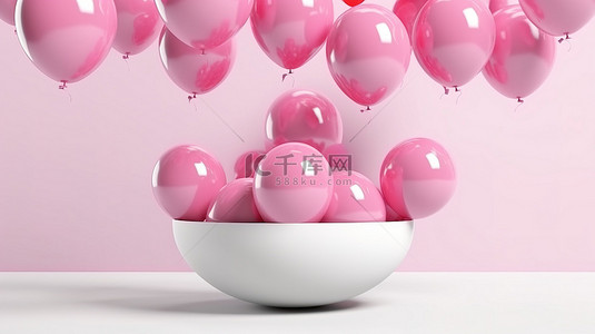 闪亮的粉色气球在 3D 渲染中与圆形白色横幅一起翱翔