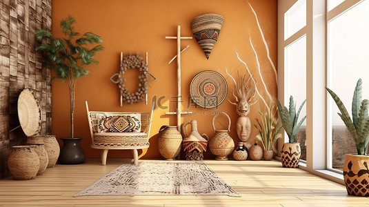 椅子海报背景图片_非洲风格的客厅角落，具有现代触感 3D 渲染