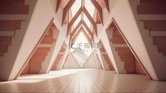建筑空间中以三角拱门为特色的几何设计 3D 渲染艺术品