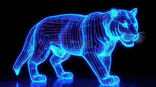 丛林动物背景图片_3D 网格发射霓虹灯蓝虎插图的渲染