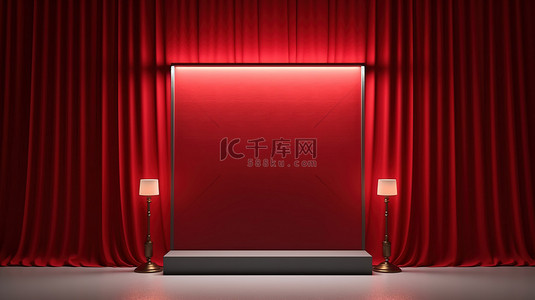 红色戏剧窗帘背景图片_剧院舞台上带有灯泡的红色广告牌的 3D 渲染，配有红色窗帘和聚光灯
