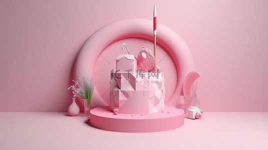 用 3d 渲染的粉红色蛋糕说明目标和成功概念