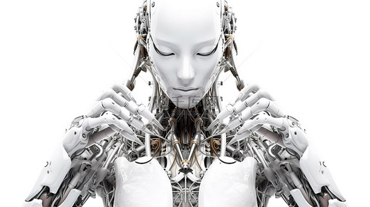 张开双手人背景图片_孤立在白色女性机器人或机器人上，张开双手以获取 3D 渲染中的选项