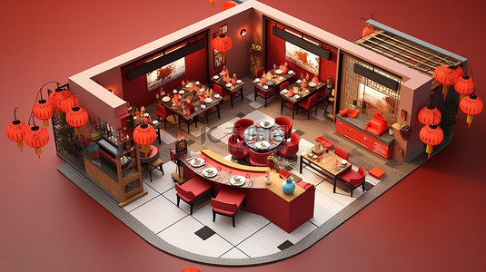 具有等距视图的开放式中餐厅室内建筑的 3D 渲染
