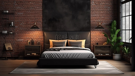 黑卧室背景图片_带有戏剧性黑砖墙的卧室的 3D 渲染