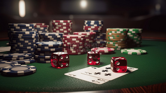 虚拟赌场 3D 插图扑克筹码扑克牌红色骰子和绿色桌子上的钱