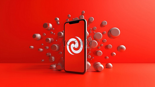 电话标志背景图片_红色背景的 3D 渲染与电话和 YouTube 徽标的模型