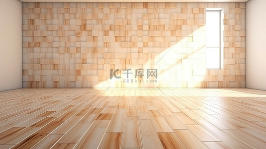 日光繁茂背景图片_阳光明媚的树木繁茂的仙境 3D 渲染白色房间，配有木瓷砖地板和木墙