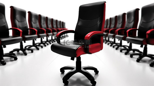 周围环绕着黑色办公椅，红色皮革老板椅在白色背景的 3D 渲染中引人注目