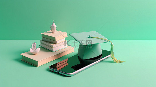 毕业书背景图片_在线学习毕业帽书籍和手机的 3D 渲染，浅绿色背景上具有逼真的形状