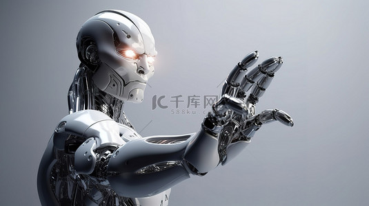 在白色背景上的 3d 渲染中闪亮的机器人或机器人手指点