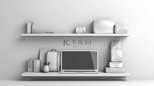 灰墙 3D 渲染中展示的现代设备笔记本电脑手机平板电脑和电脑架