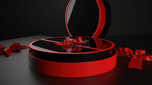 圆形框架口音 3d 渲染红色和黑色圣诞礼品盒