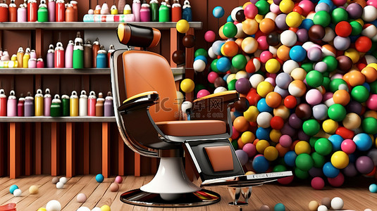 理发师背景图片_充满活力的理发师用品周围舒适的椅子 3d 渲染