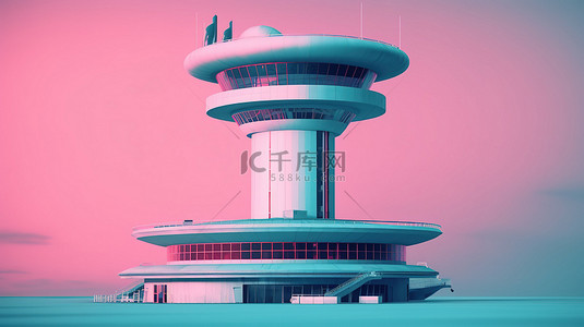 控制终端背景图片_机场蓝天背景下粉红色空中交通管制塔楼的双色调风格 3D 渲染