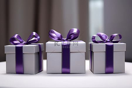 紫色礼盒背景图片_三个带紫色绳子的银色礼盒