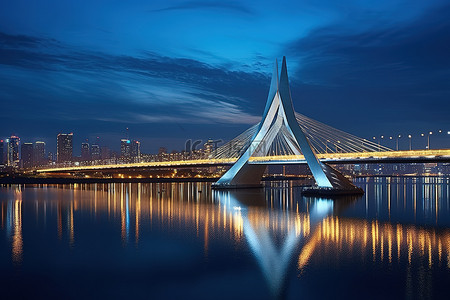 城市连接背景图片_晚上，一座桥连接两个不同的水体