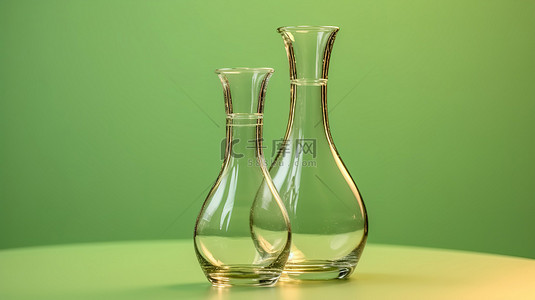 浅绿色背景下水瓶和玻璃的 3d 渲染