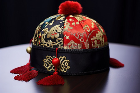 一顶红黑相间的小帽子，上面有中国图案