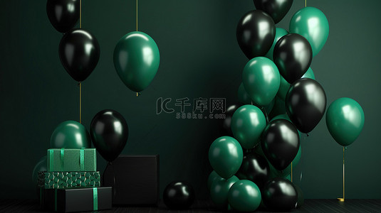 黑色庆祝背景上的逼真 3d 绿色气球