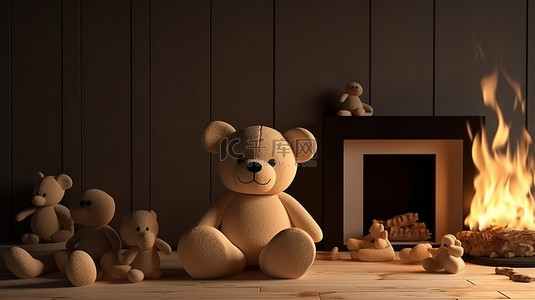 模型火焰环绕着房间中玩具熊模型的 3d 渲染