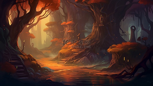 树枝叶背景图片_游戏红色森林