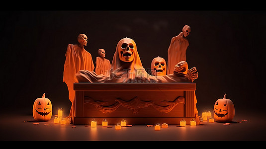不給糖就搗蛋背景图片_幽灵般的万圣节 3D 插图横幅，配有幽灵棺材和南瓜