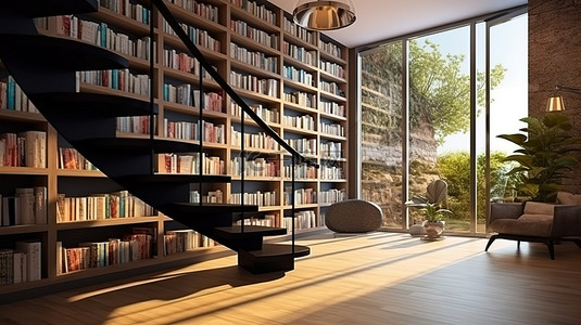 现代房间配有楼梯下图书馆书架和自然采光 3D 渲染