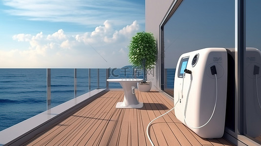 现代海滨智能家居与充电站相邻的露台 3D 渲染图