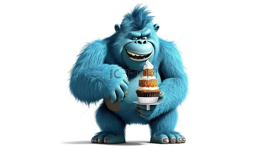 一个幽默的 3D 大猩猩人物，手里拿着美味的纸杯蛋糕