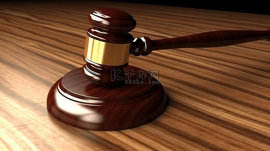 法院开庭背景图片_木桌，配有法官的木槌和 3D 渲染的声音块