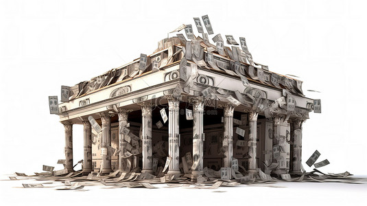 白色背景下开放屋顶下带有钞票的银行大楼的 3D 渲染