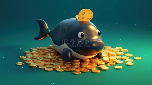 全球比特币背景图片_卡通鲸鱼持有带有复制空间的比特币的 3D 插图