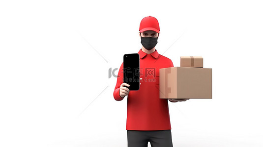 穿着节日 T 恤和面具的送货员携带包裹和智能手机物流主题隔离 3D 渲染