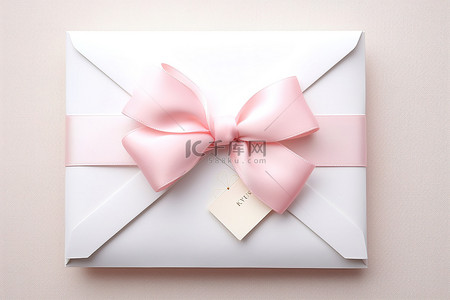 蝴蝶结标签背景图片_一个白色信封，周围系着粉红色蝴蝶结