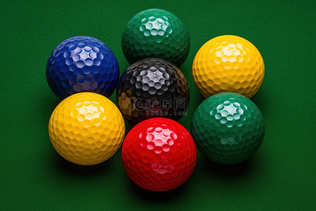 一组色彩缤纷的高尔夫球，球座周围环绕着绿草