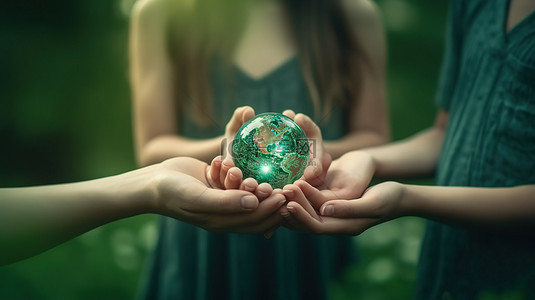 绿色地球星球背景图片_绿色模糊背景家庭手里握着一个 3D 星球