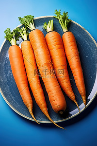 芹菜胡萝卜西蓝花背景图片_蓝盘上的五根胡萝卜，配生菜西红柿和胡萝卜