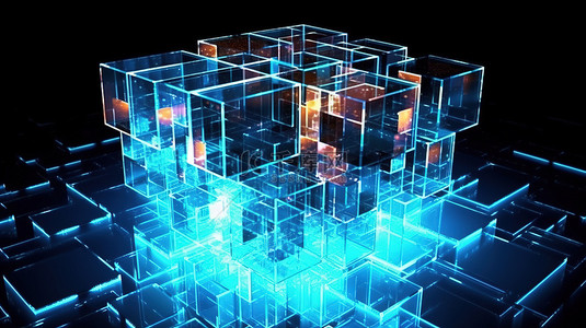 抽象方块几何形背景图片_未来派霓虹灯立方块网络通过 3D 数字技术动画翱翔