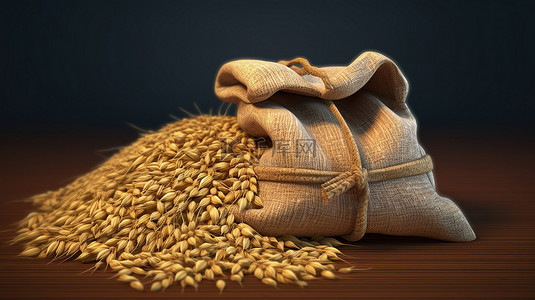 燕麦田背景图片_帆布袋丰收 3D 渲染，充满小麦黑麦大麦和燕麦