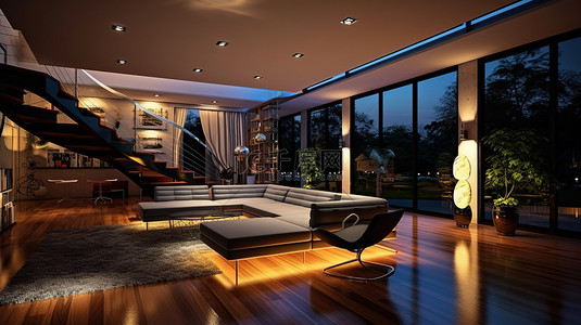 具有夜间环境照明的现代室内住宅的 3D 渲染