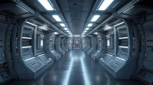 3d 渲染中未来派太空飞船的内部走廊