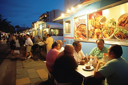 夜市led灯背景图片_一小群人坐在桌子旁，在餐车前吃食物
