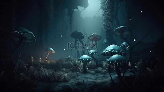 森林剪影背景图片_带有发光元素的神秘雾森林的迷人 3D 渲染