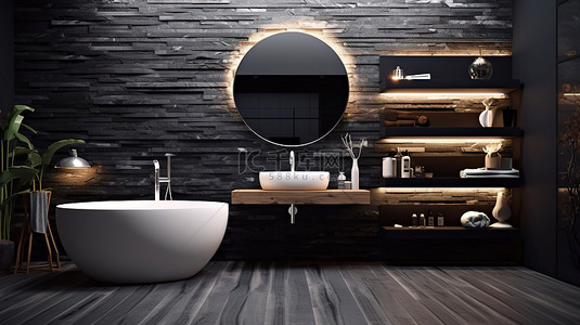 现代浴室设计，以 3D 渲染的醒目的黑色马赛克墙为特色