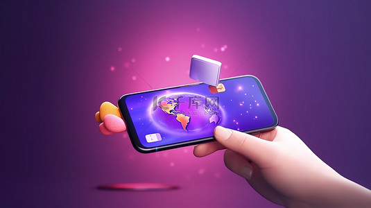 紫色背景下拥有智能手机和信用卡的数字支付卡通手的插图