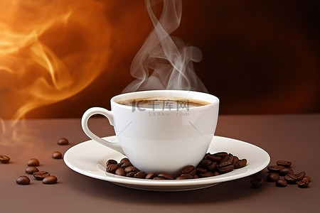 咖啡原料背景图片_一杯带有蒸汽的热咖啡